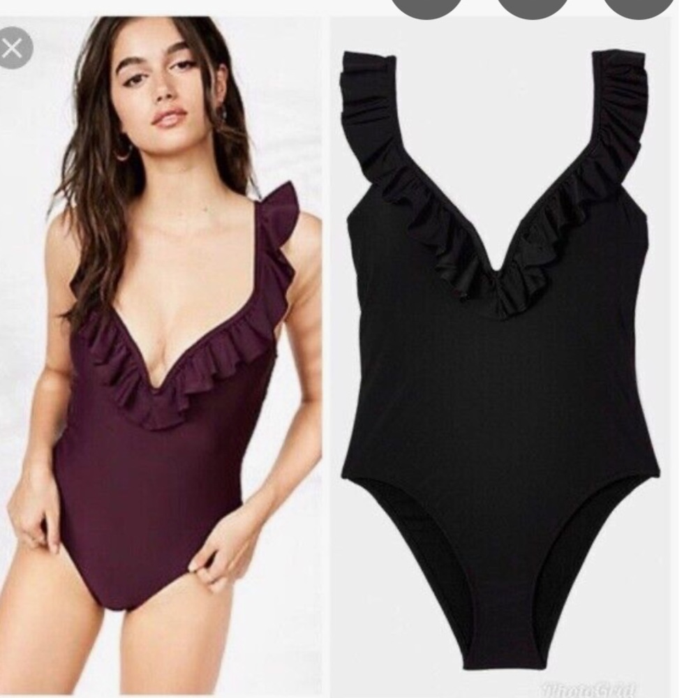 Express Black One Piece Swimsuit Plunging V-Neck ruffle